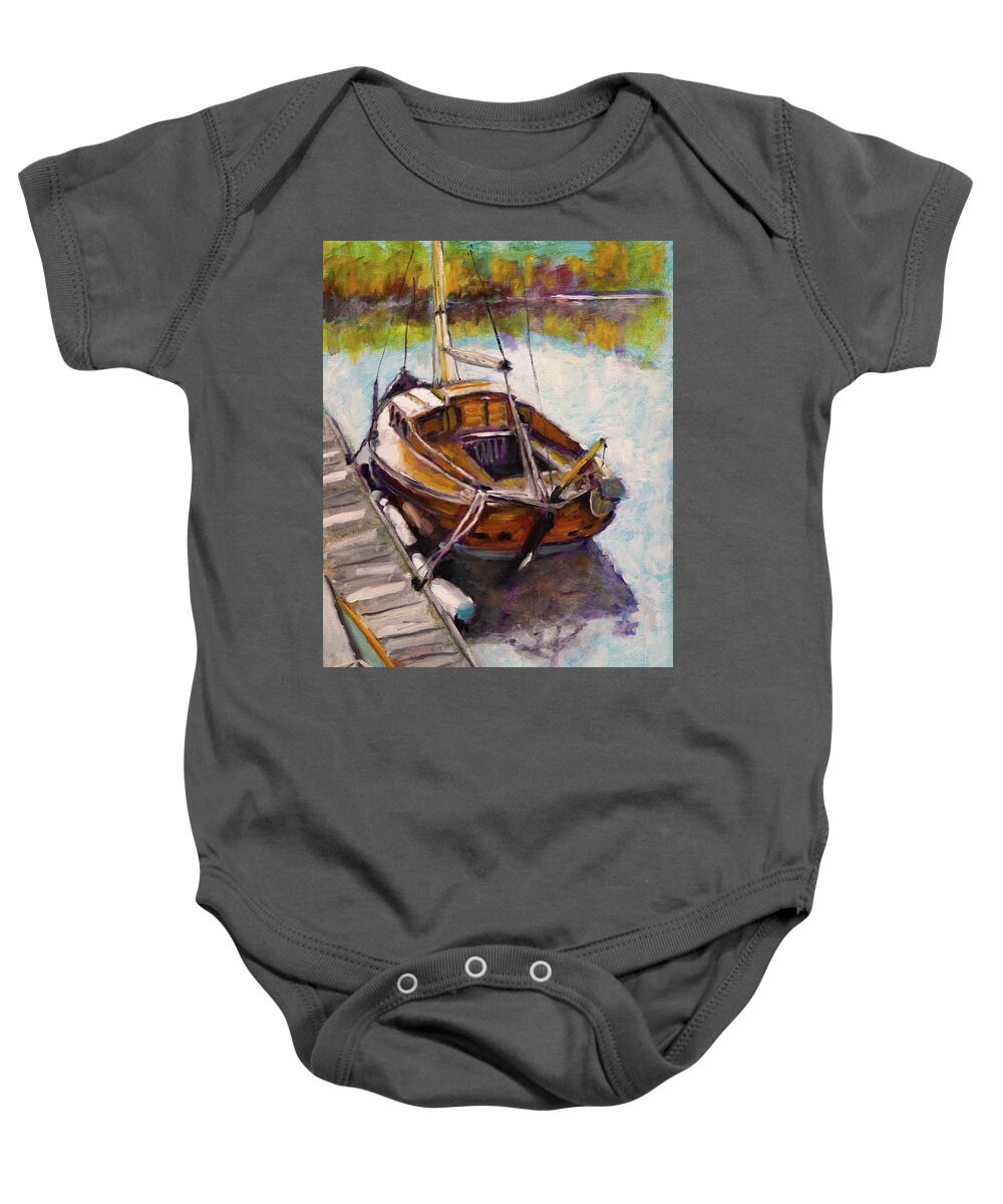 Sailboat Baby Onesie featuring the painting Wooden Sailboat at Toledo by Mike Bergen