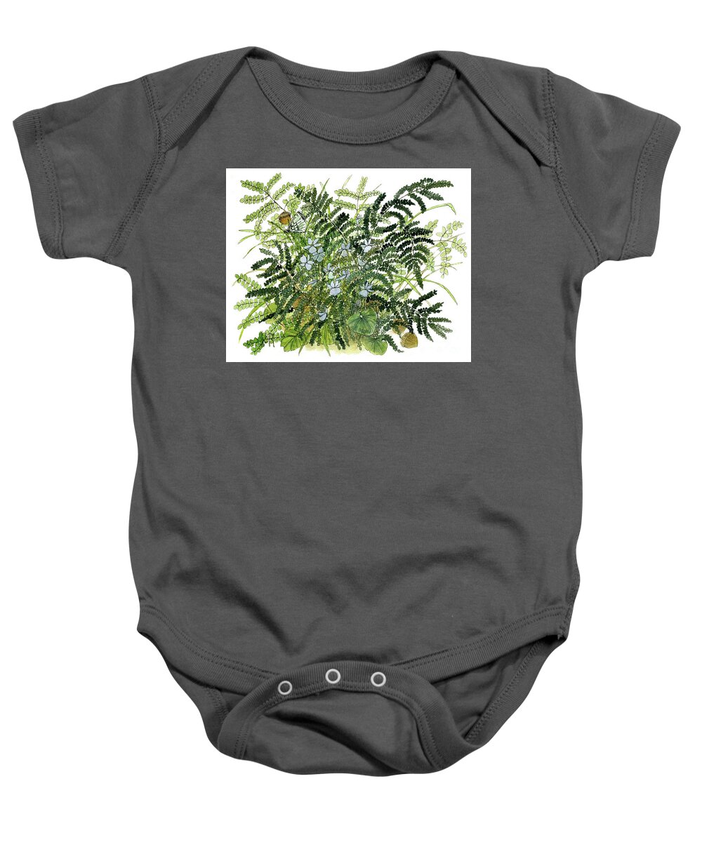 Art Baby Onesie featuring the painting Woodland Ferns with Butterfly and Violets by Laurie Rohner