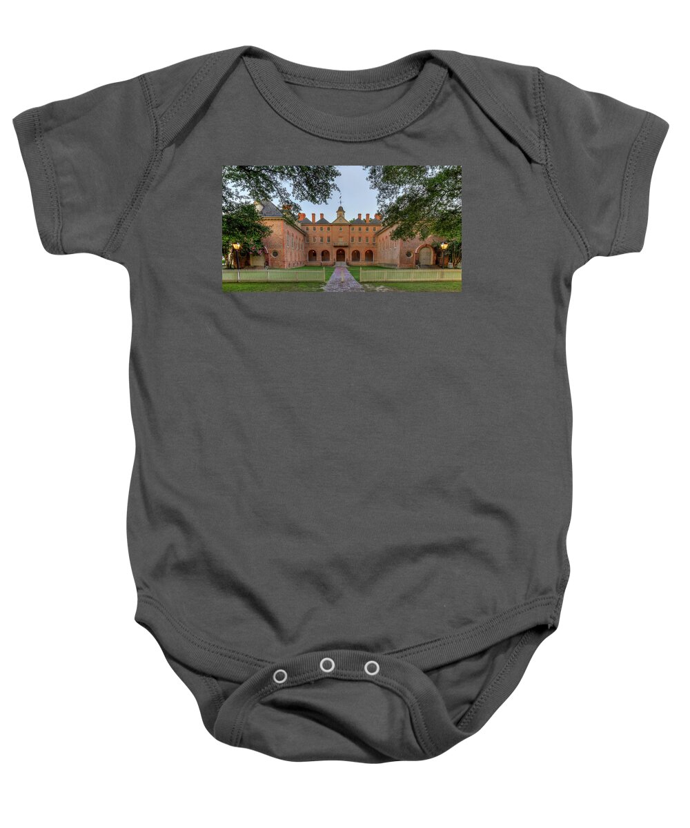William And Mary Baby Onesie featuring the photograph Wren Building at Dusk by Jerry Gammon
