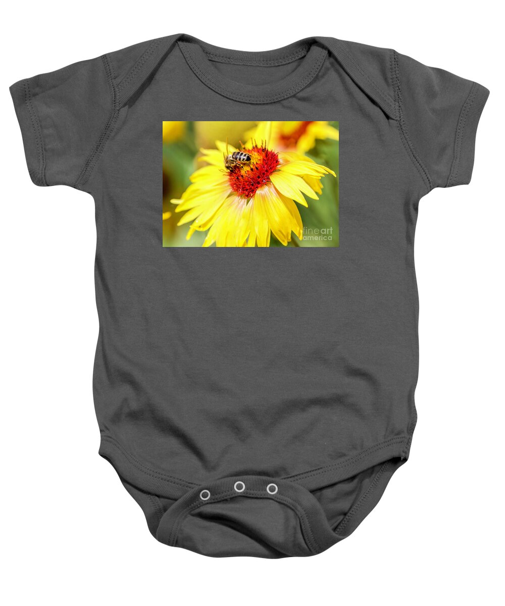 Bee Baby Onesie featuring the photograph Yellow Flower and Bee by Shirley Dutchkowski