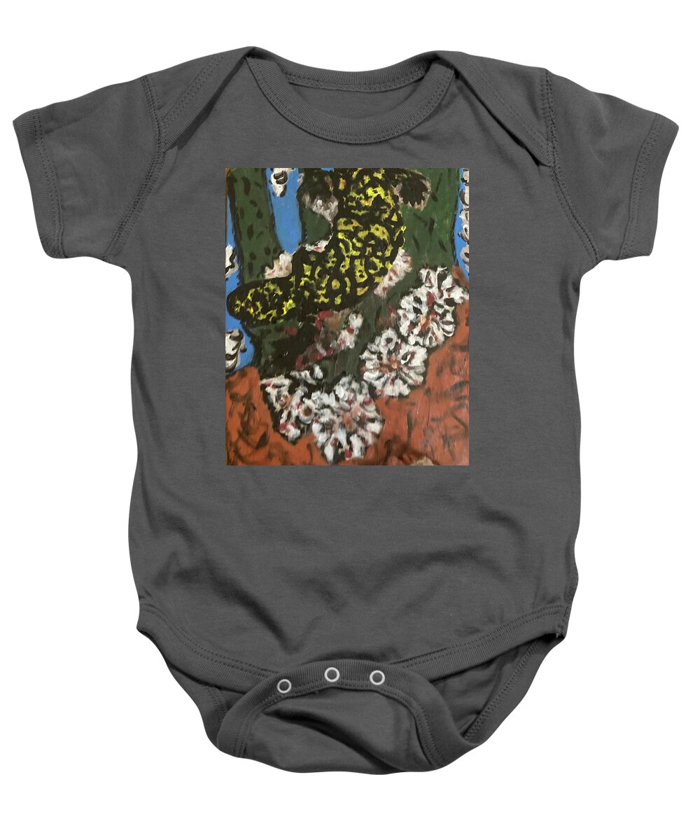 Paintings Of Lizards Baby Onesie featuring the mixed media Yellow lizard Cactus Flowers by Bencasso Barnesquiat