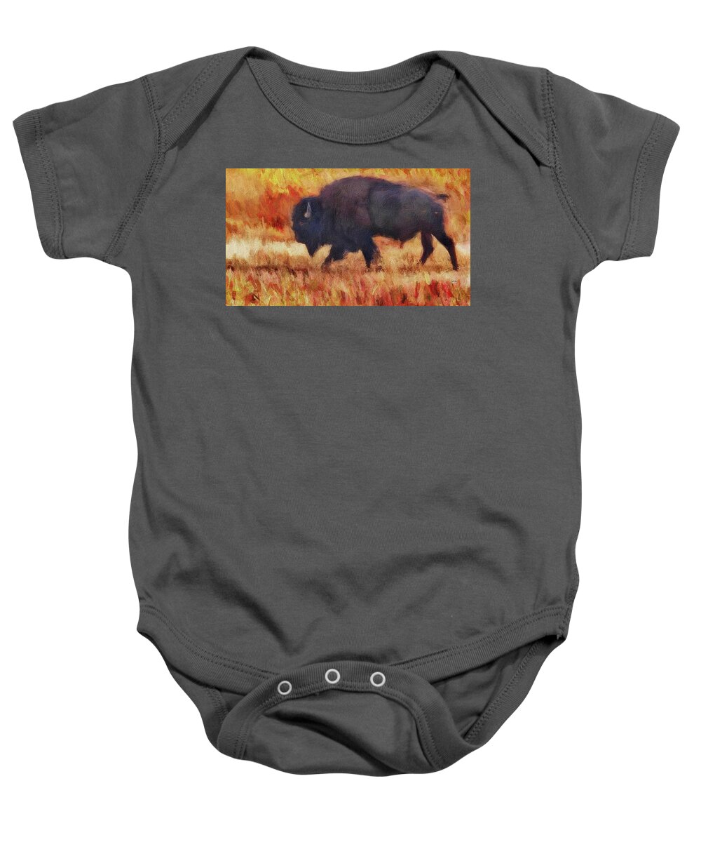 Buffalo Baby Onesie featuring the digital art Yellowstone Bison - Prehistoric by Russ Harris