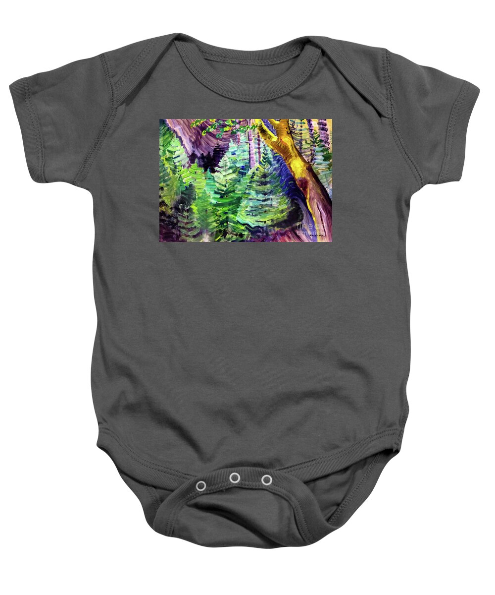 Emily Carr Baby Onesie featuring the painting Young Pines and Old Maple 1938 by Emily Carr by Emily Carr