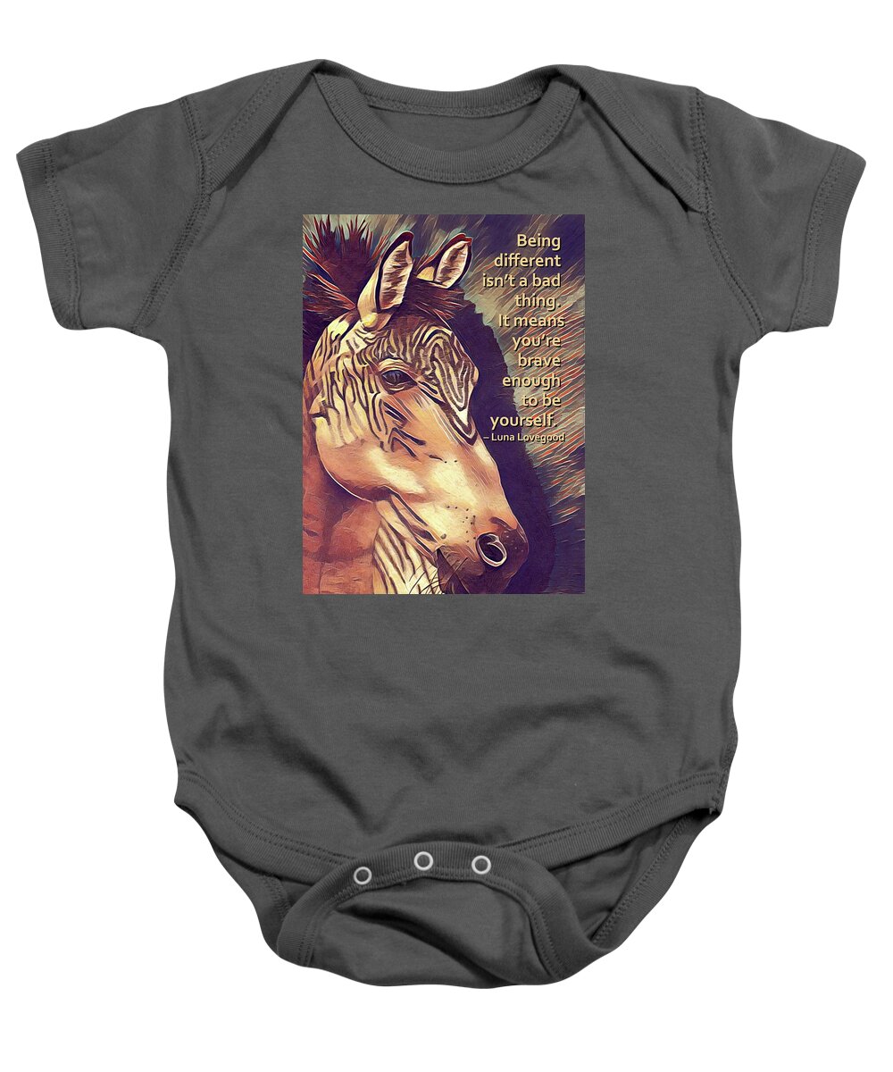 Zorse Horse Baby Onesie featuring the drawing Zorse Horse with Quote by Equus Artisan