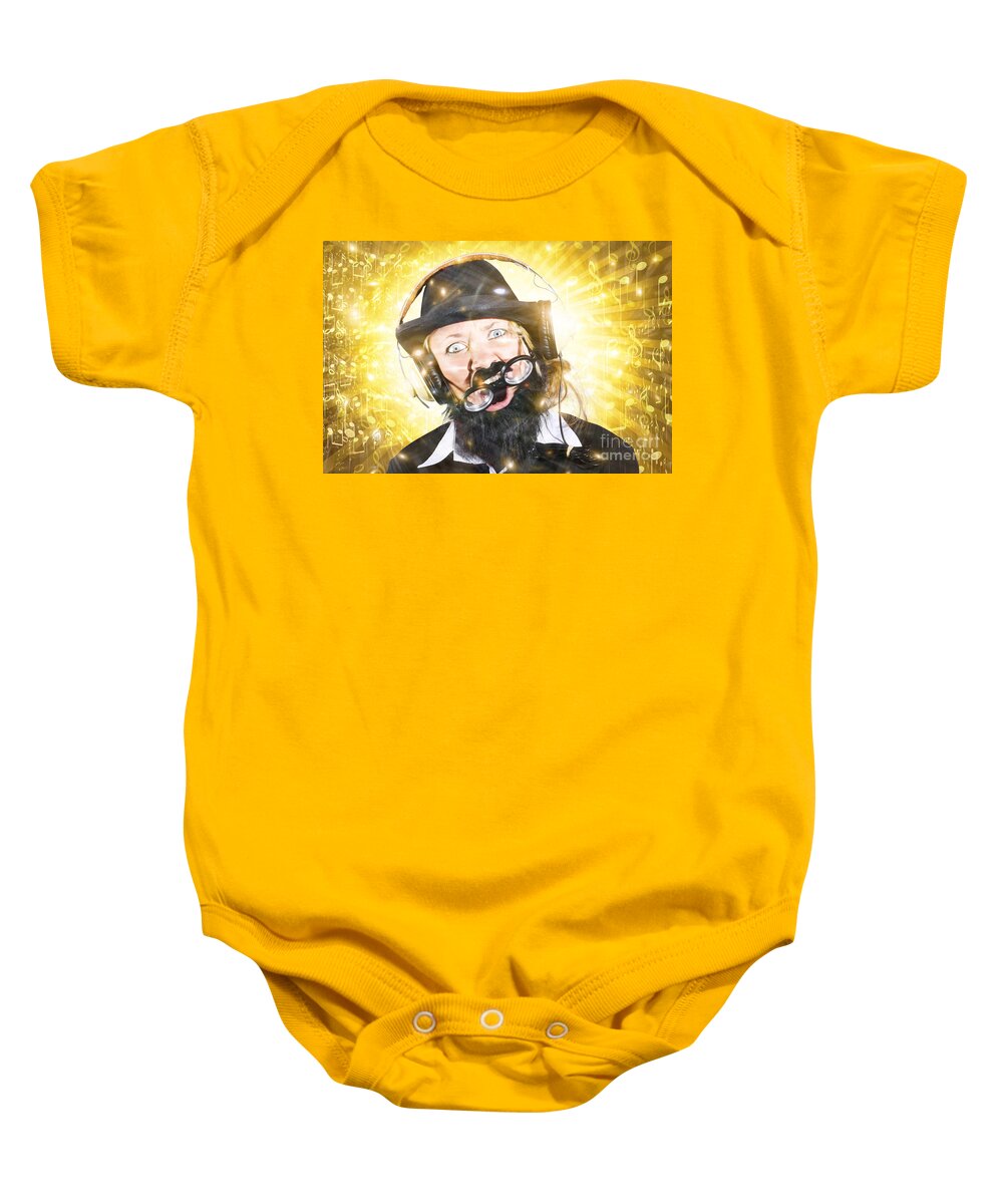 Dj Baby Onesie featuring the photograph Funny male sound engineer. Mad about music by Jorgo Photography