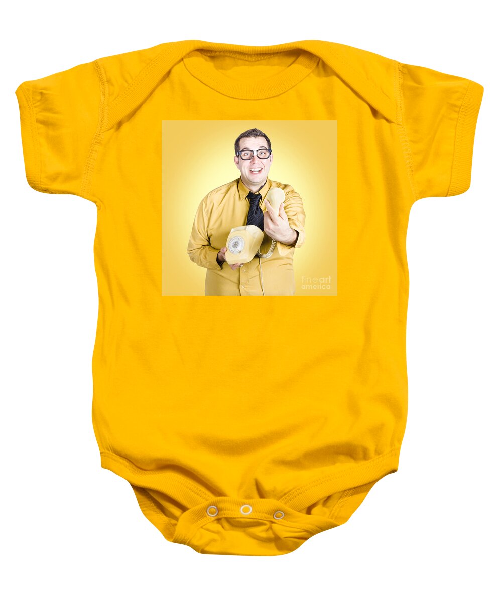Good News Baby Onesie featuring the photograph Funny nerd handing over good news info #1 by Jorgo Photography