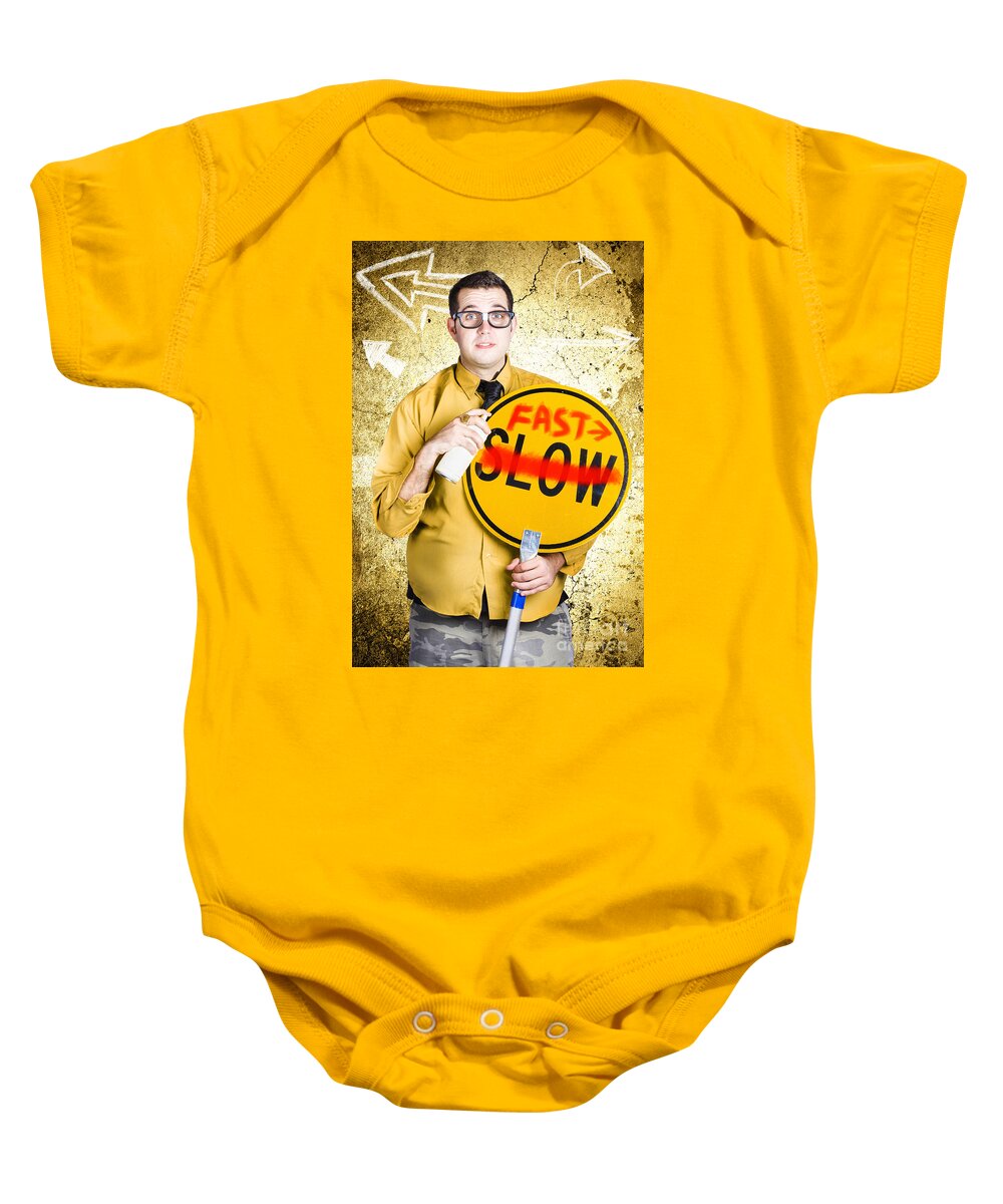 Speed Baby Onesie featuring the photograph Worker showing sign to fast track productivity #1 by Jorgo Photography
