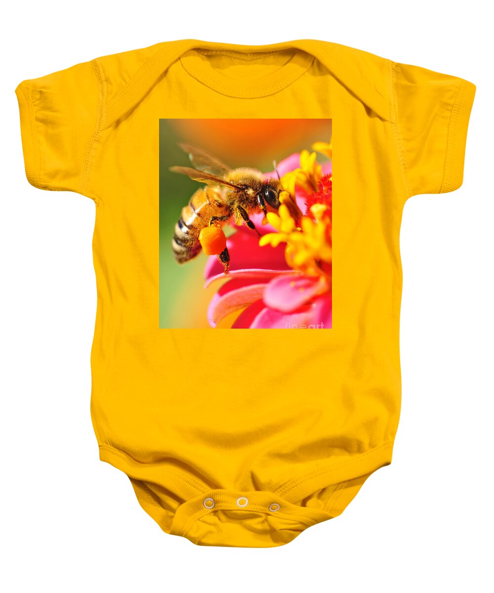 Bee Laden With Pollen Baby Onesie featuring the photograph Bee Laden with Pollen by Kaye Menner