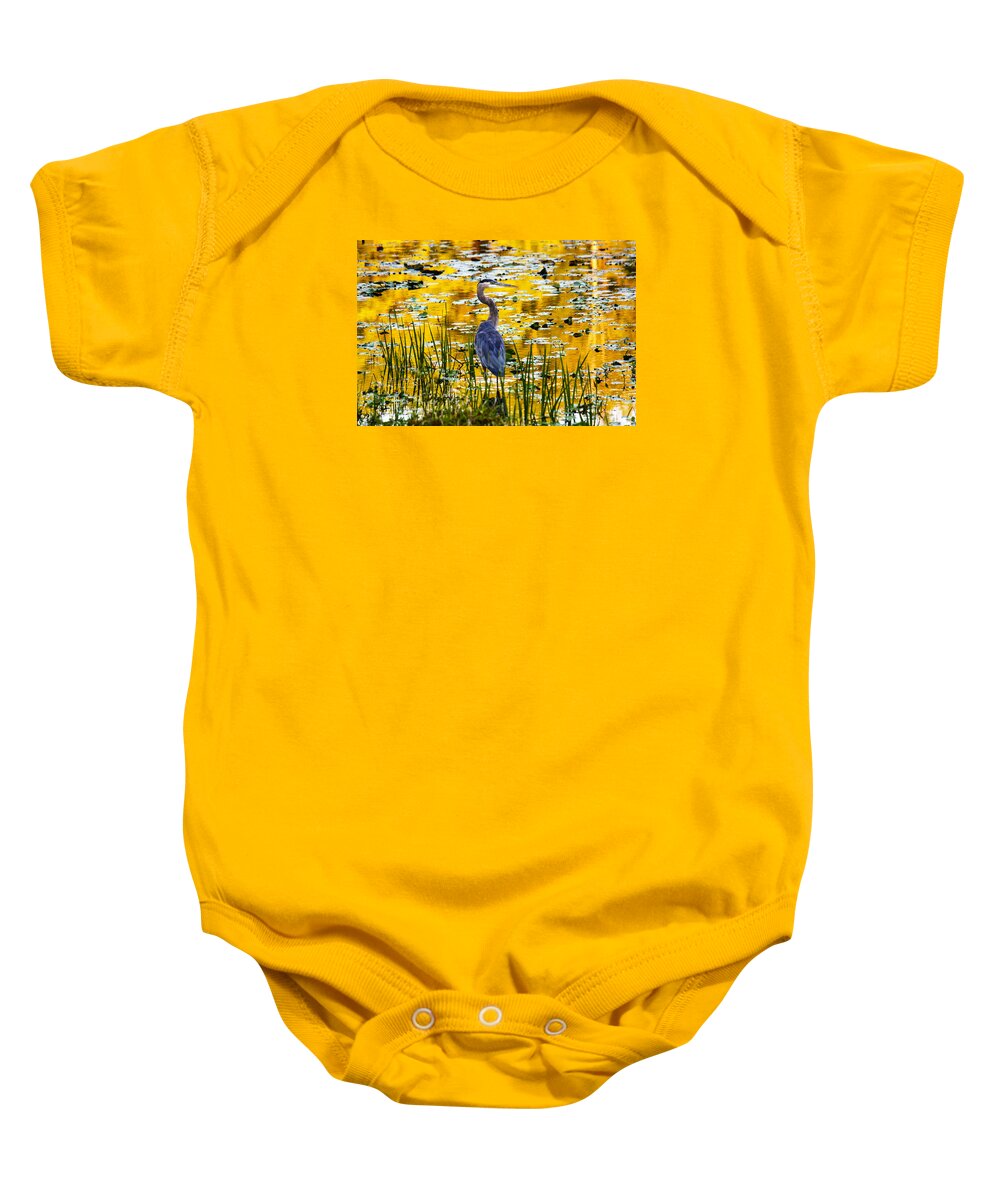 Blue Heron Baby Onesie featuring the photograph Blue Heron In A Golden Pond by Marina Kojukhova