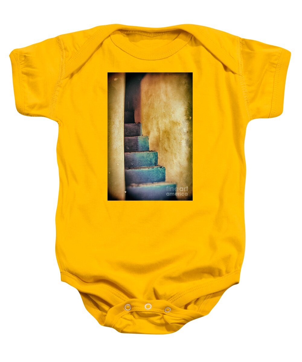 Abstract Baby Onesie featuring the photograph Blue stairs - Yellow wall  by Silvia Ganora