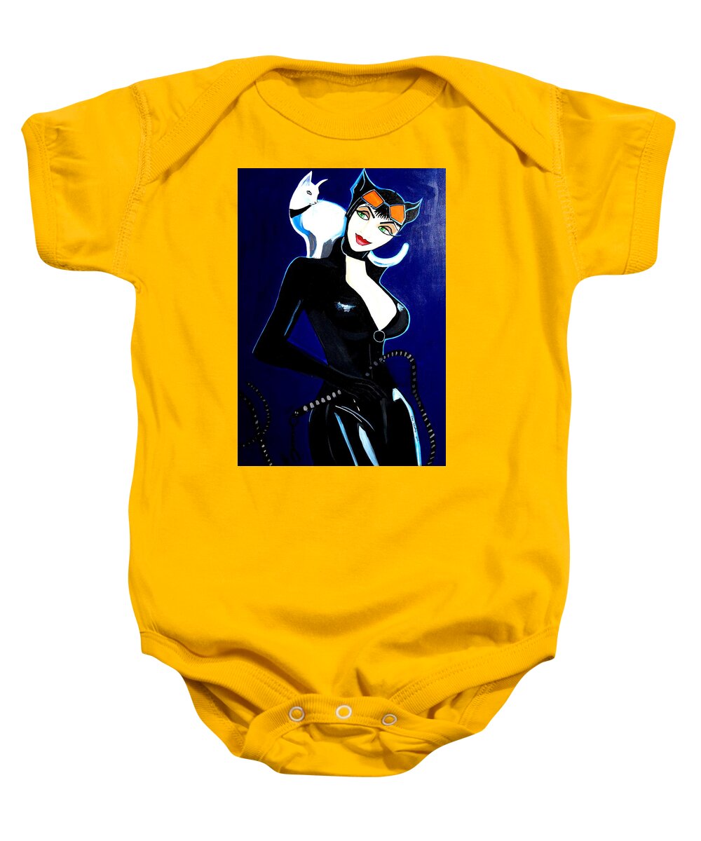 Cat Women Baby Onesie featuring the painting Comic Cat Woman by Nora Shepley