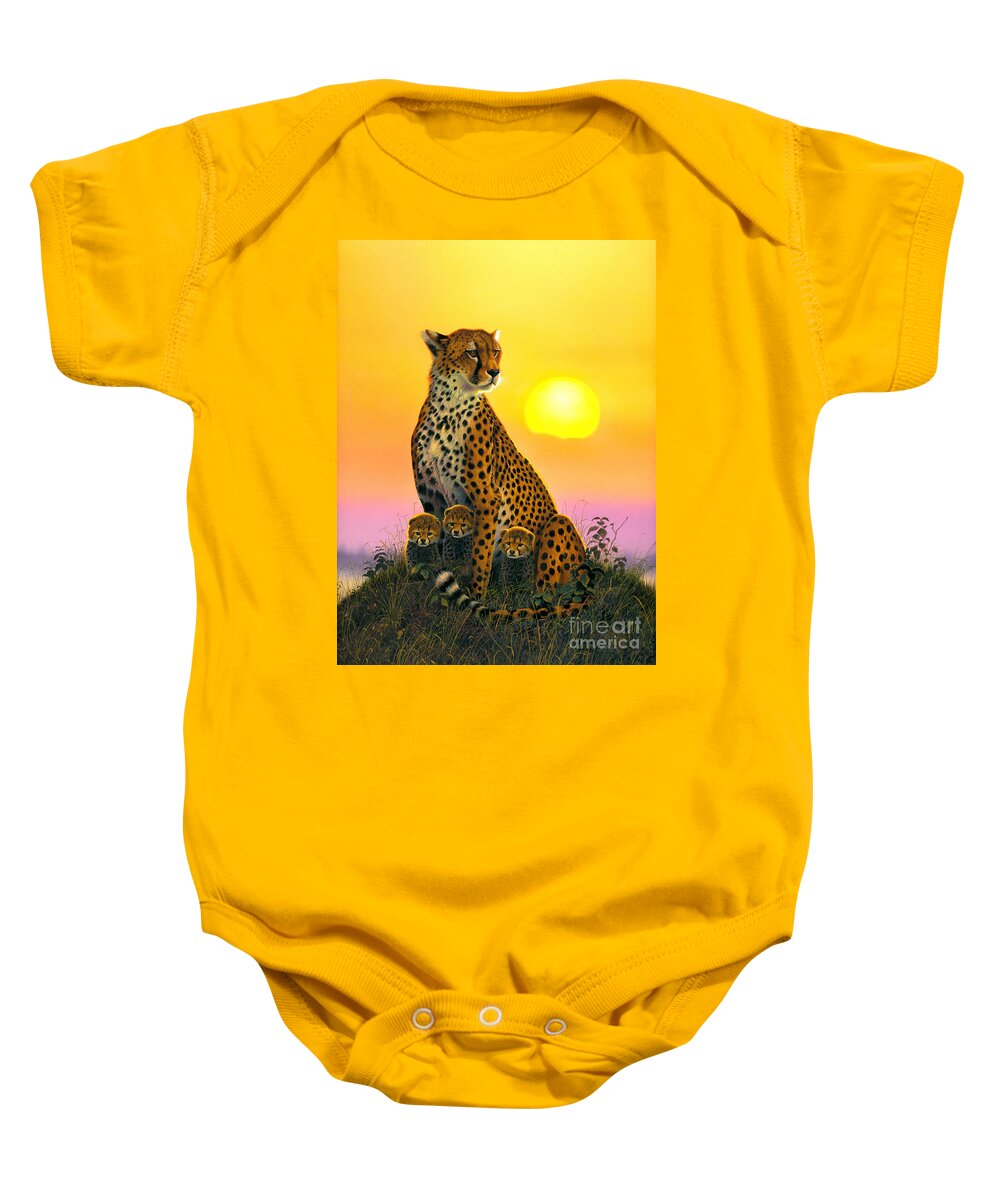 Cheetah Baby Onesie featuring the photograph Cheetah And Cubs by MGL Meiklejohn Graphics Licensing