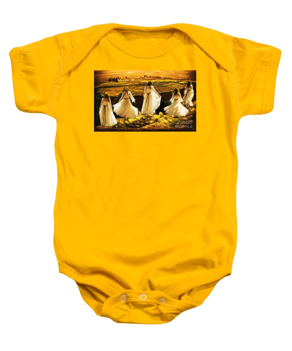 Shiloh Prophetic Art Baby Onesie featuring the painting Dance at Shiloh by Constance Woods