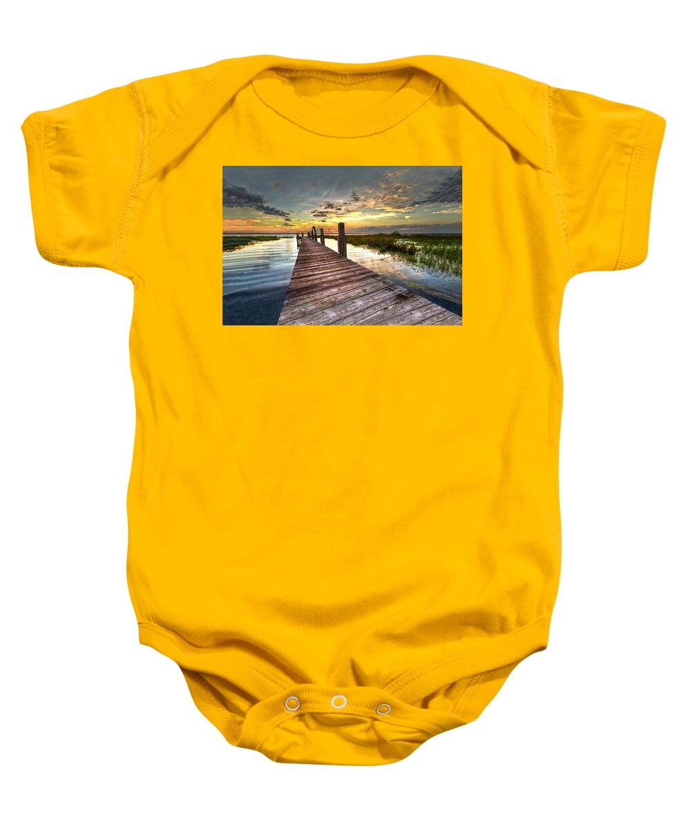 Clouds Baby Onesie featuring the photograph Evening Dock by Debra and Dave Vanderlaan
