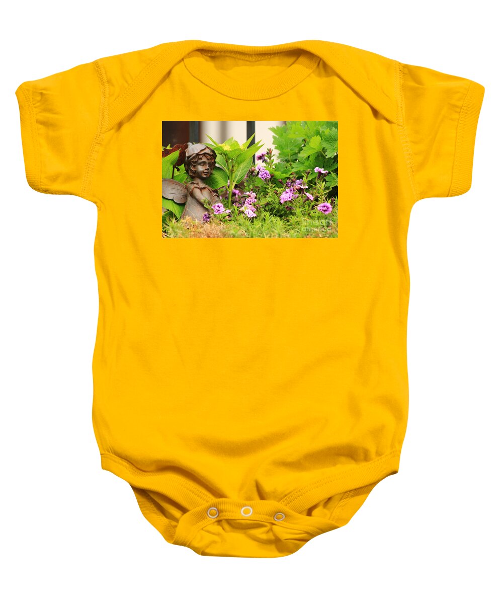 Angel Baby Onesie featuring the photograph Flower-bed mit an angel statue by Amanda Mohler