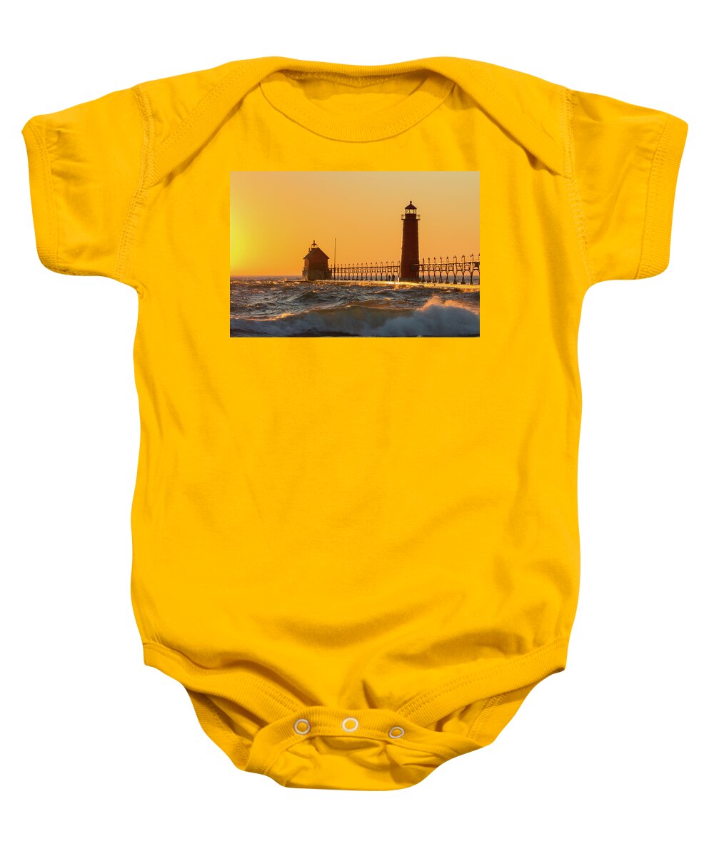 Photography Baby Onesie featuring the photograph Lighthouse On The Jetty At Dusk, Grand by Panoramic Images