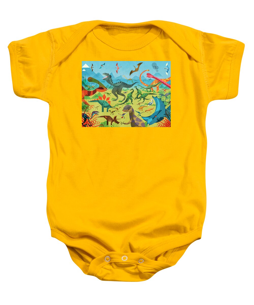 Abundance Baby Onesie featuring the photograph Lots Of Different Dinosaurs In Colorful by Ikon Ikon Images