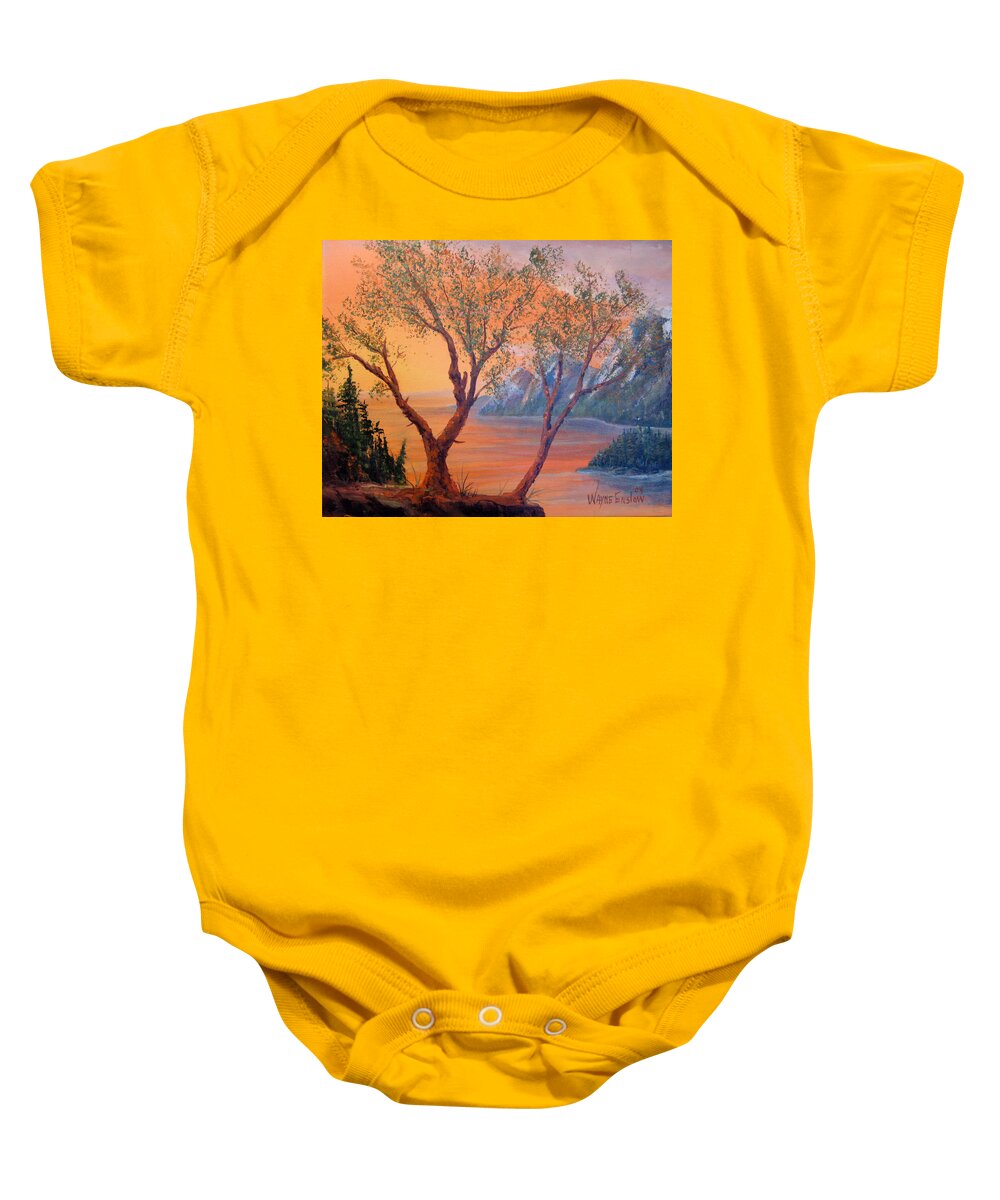 Landscape Baby Onesie featuring the painting Mystic Mountains by Wayne Enslow