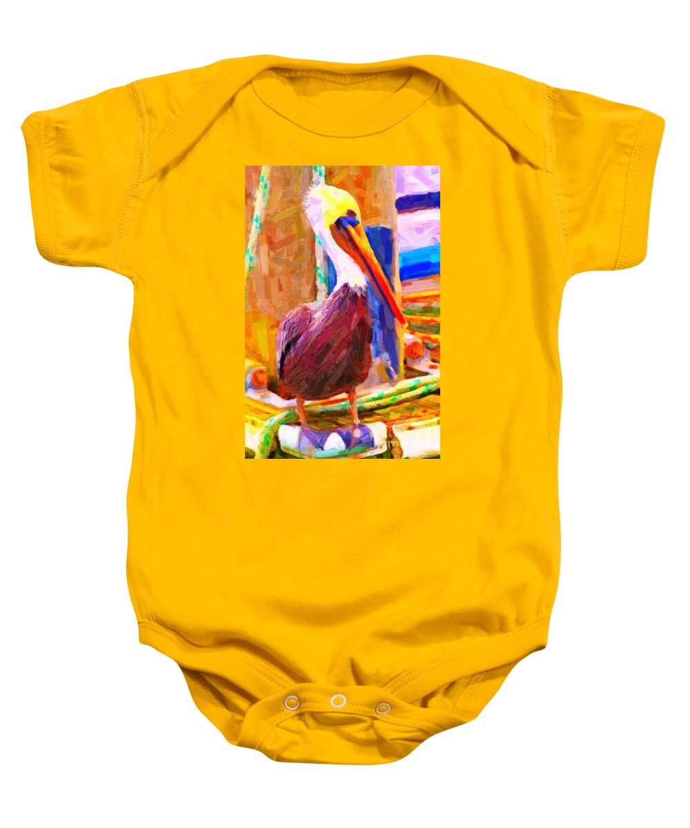 Animal Baby Onesie featuring the photograph Pelican On The Dock by Wingsdomain Art and Photography