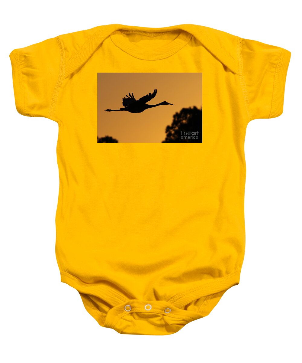 Sandhill Crane Baby Onesie featuring the photograph Sandhill Crane in Flight by Meg Rousher