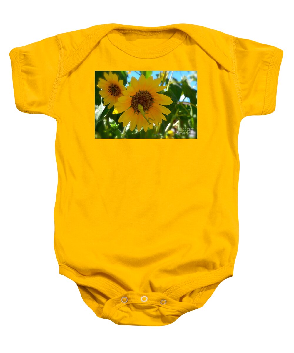 Sunflower With Upside Down Visitor Baby Onesie featuring the photograph Sunflower With Upside Down Visitor by Luther Fine Art