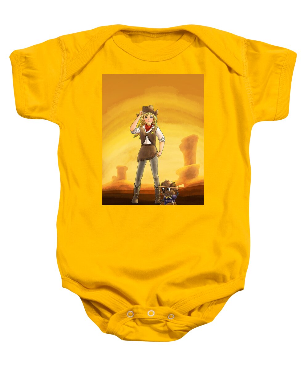  Gold Baby Onesie featuring the painting Tammy and Alfred Tame the West by Reynold Jay
