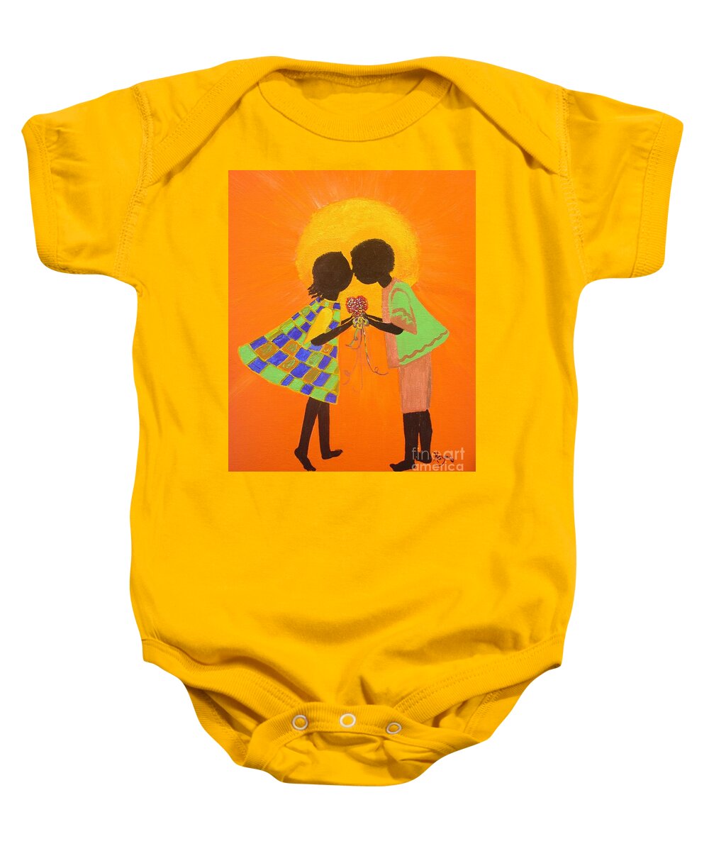Ethnic Baby Onesie featuring the painting The Kiss - Young Love series by Barbara Hayes