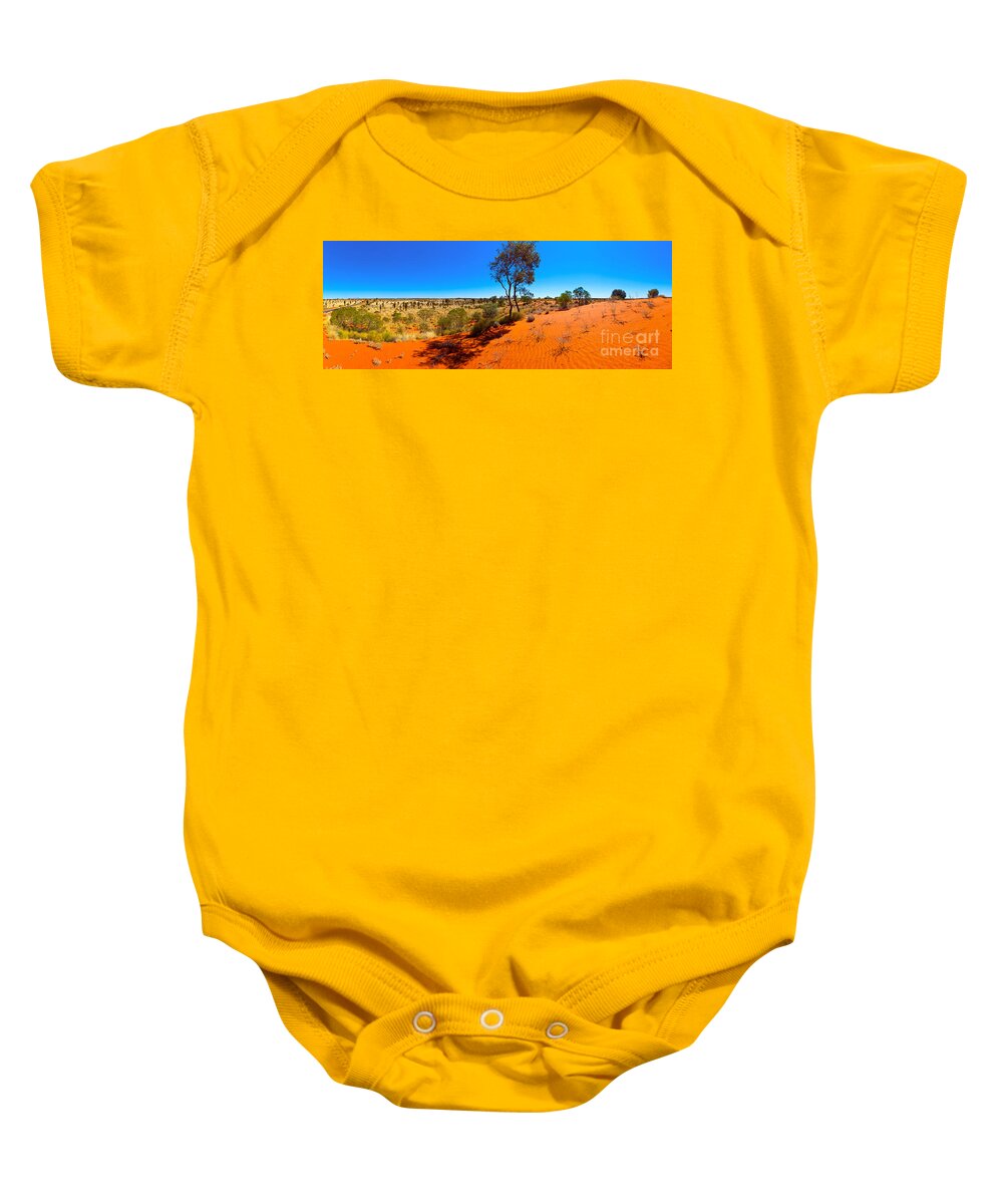 The Road To Uluru Outback Landscape Central Australia Australian Gum Tree Desert Arid Sand Dunes  Baby Onesie featuring the photograph The Road to Uluru by Bill Robinson
