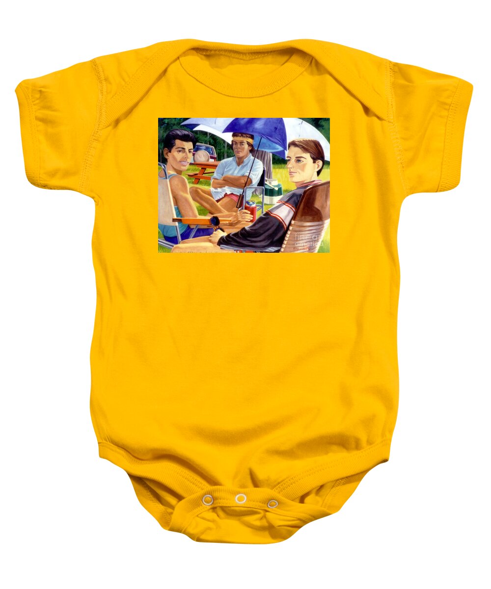 Three Men Baby Onesie featuring the painting Three Friends Camping by Stan Esson