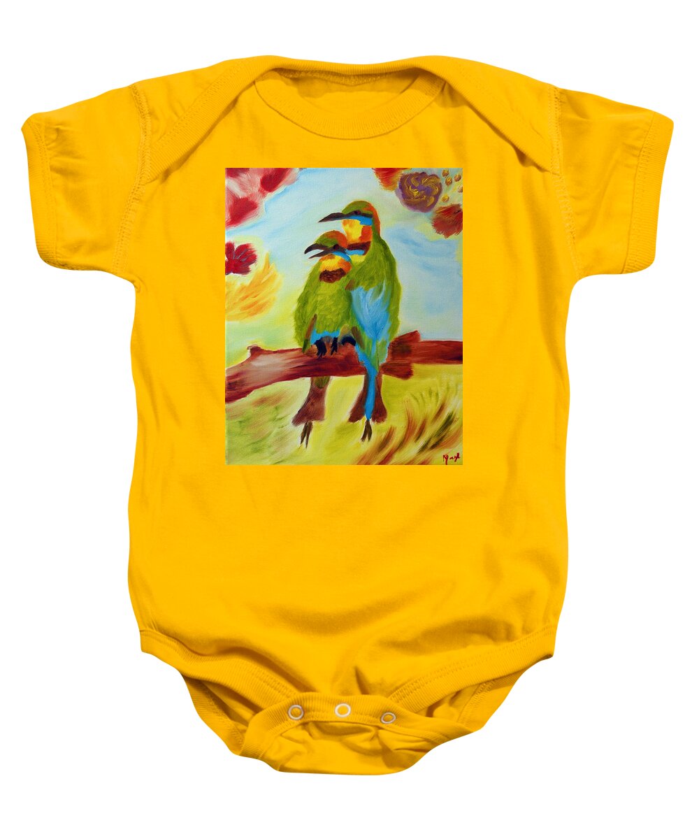 Colorful Birds Baby Onesie featuring the painting Together by Meryl Goudey