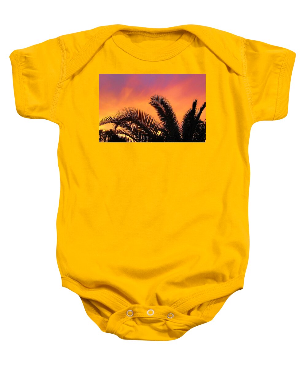 Palm Tree Baby Onesie featuring the photograph Winter Sunset by Tammy Espino