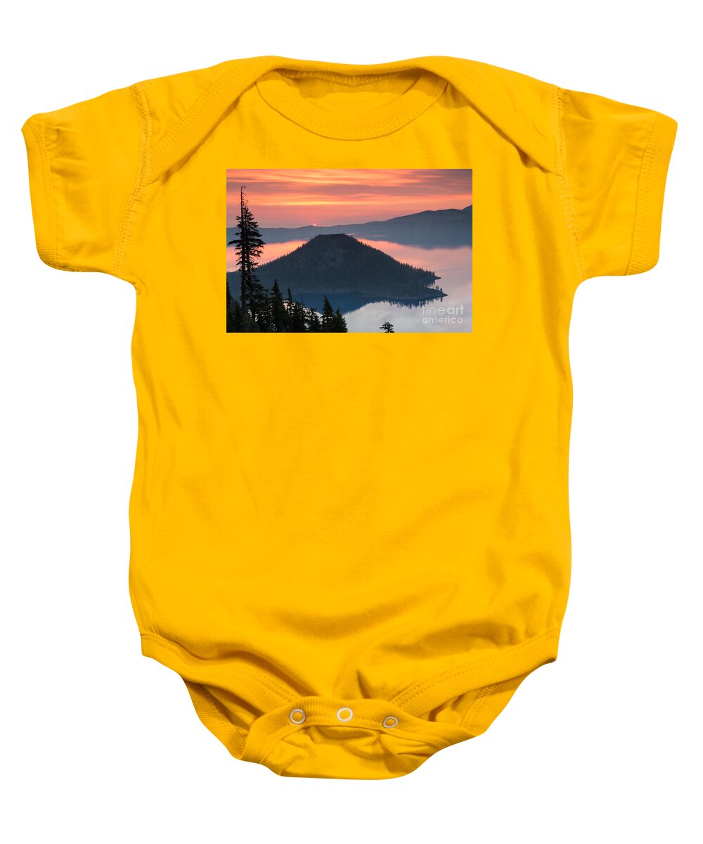 Cauldera Baby Onesie featuring the photograph Wizzard Island sunrise 2 by Dan Hartford