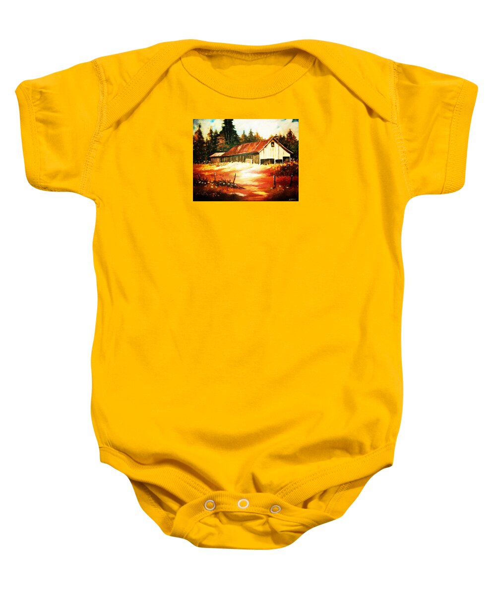 Woodland Baby Onesie featuring the painting Woodland Barn in Autumn by Al Brown