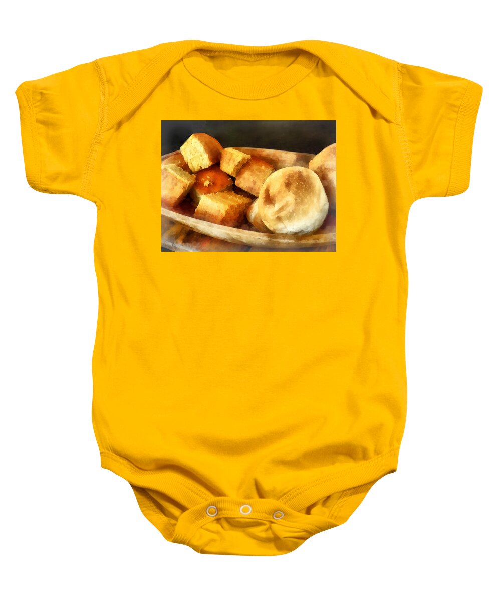 Cook Baby Onesie featuring the photograph Cornbread and Rolls by Susan Savad