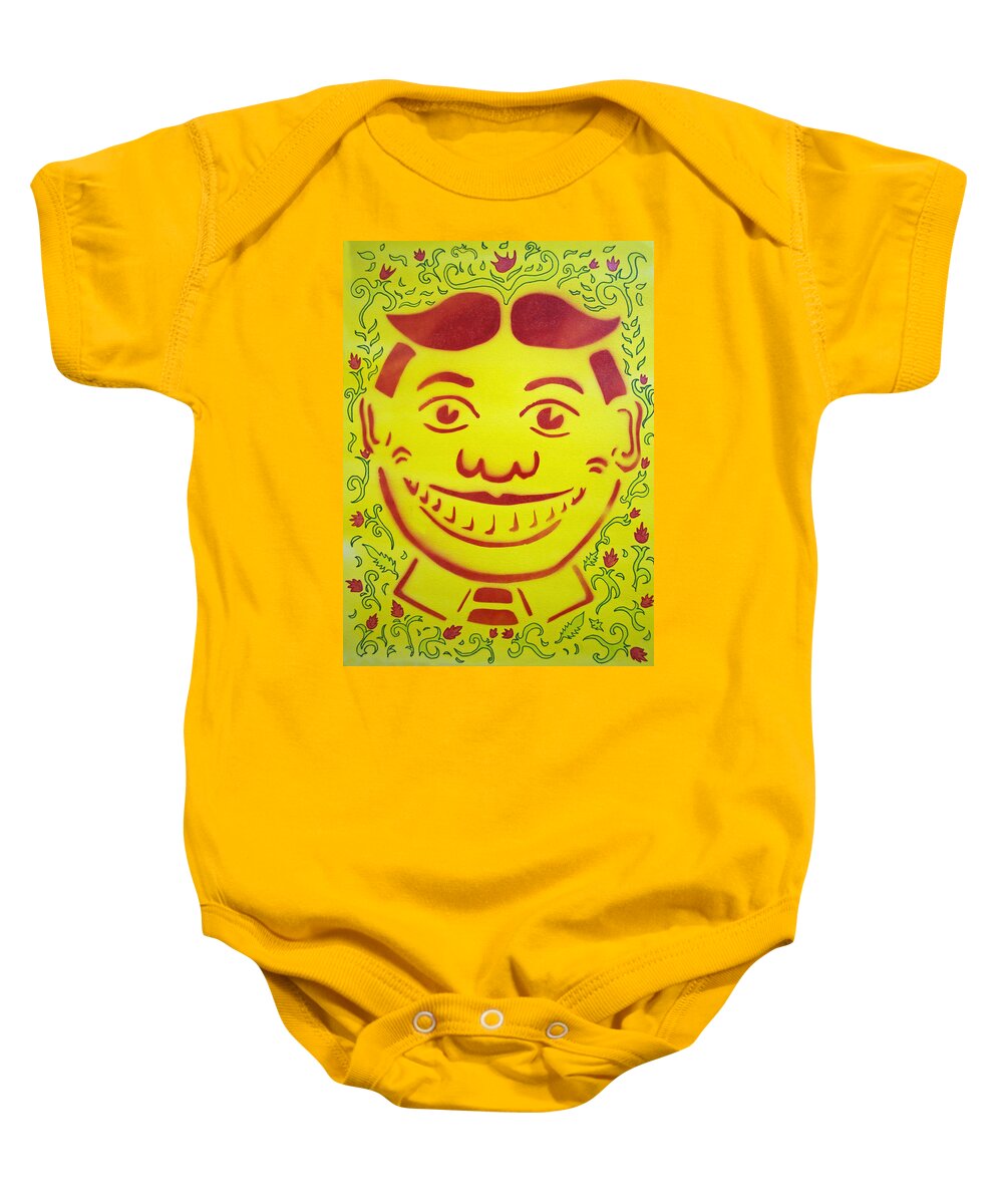 Tillie Of Asbury Park Baby Onesie featuring the painting Red on yellow with decoration Tillie by Patricia Arroyo