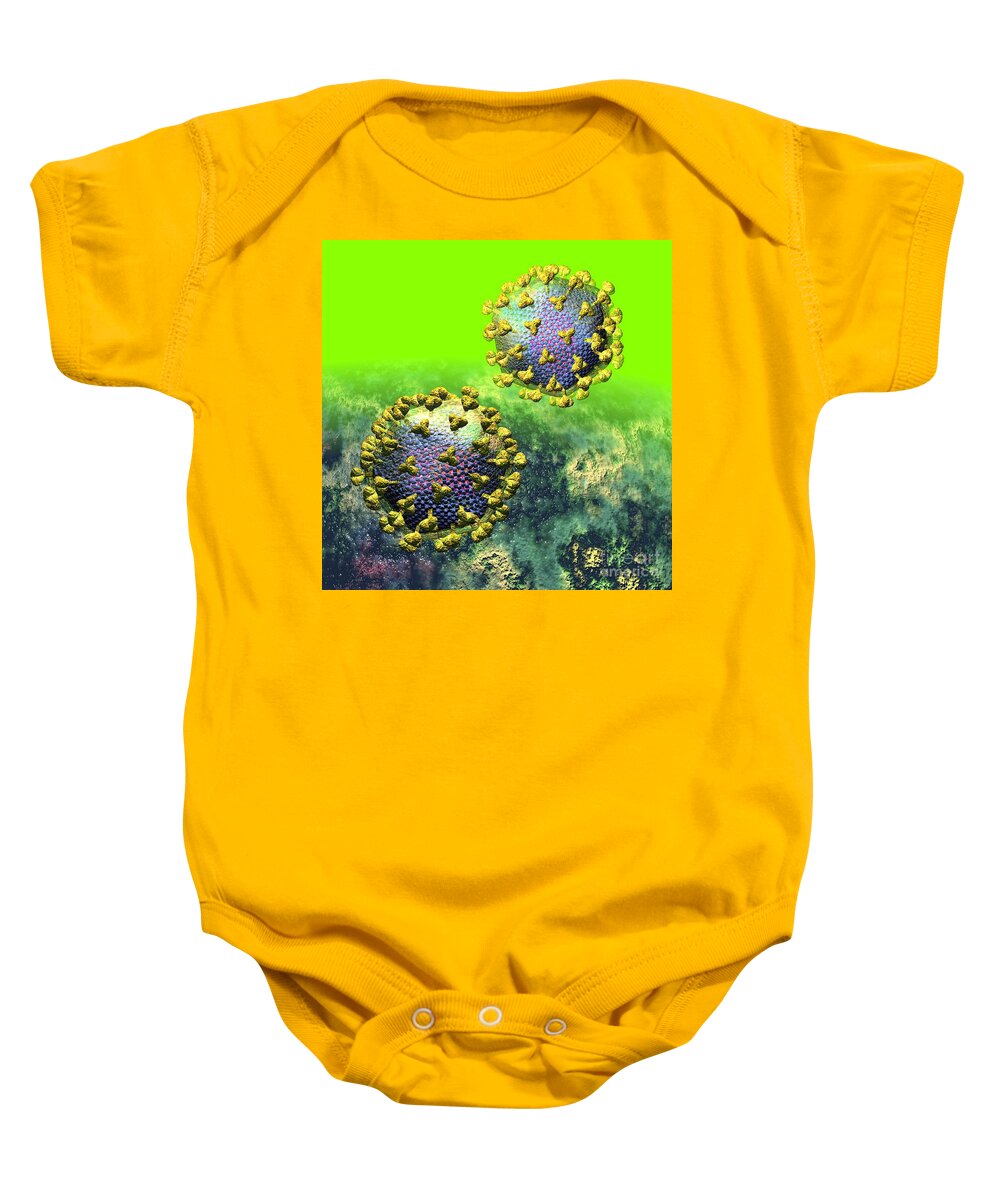Acquired Baby Onesie featuring the digital art Two HIV Particles on Bright Green by Russell Kightley
