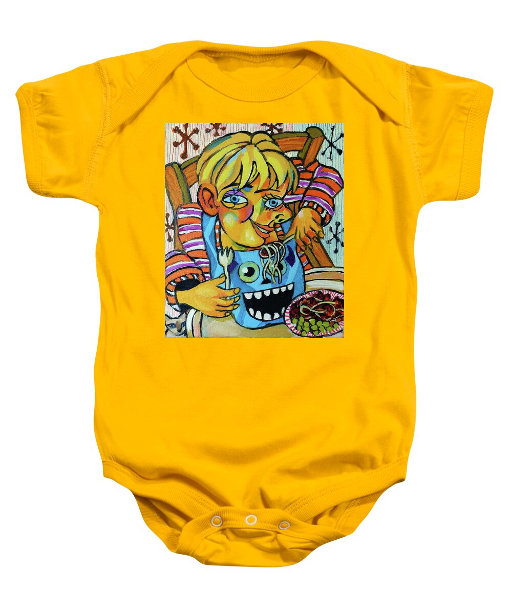 Alfie Baby Onesie featuring the drawing Alfie with spaghetti by Peregrine Roskilly