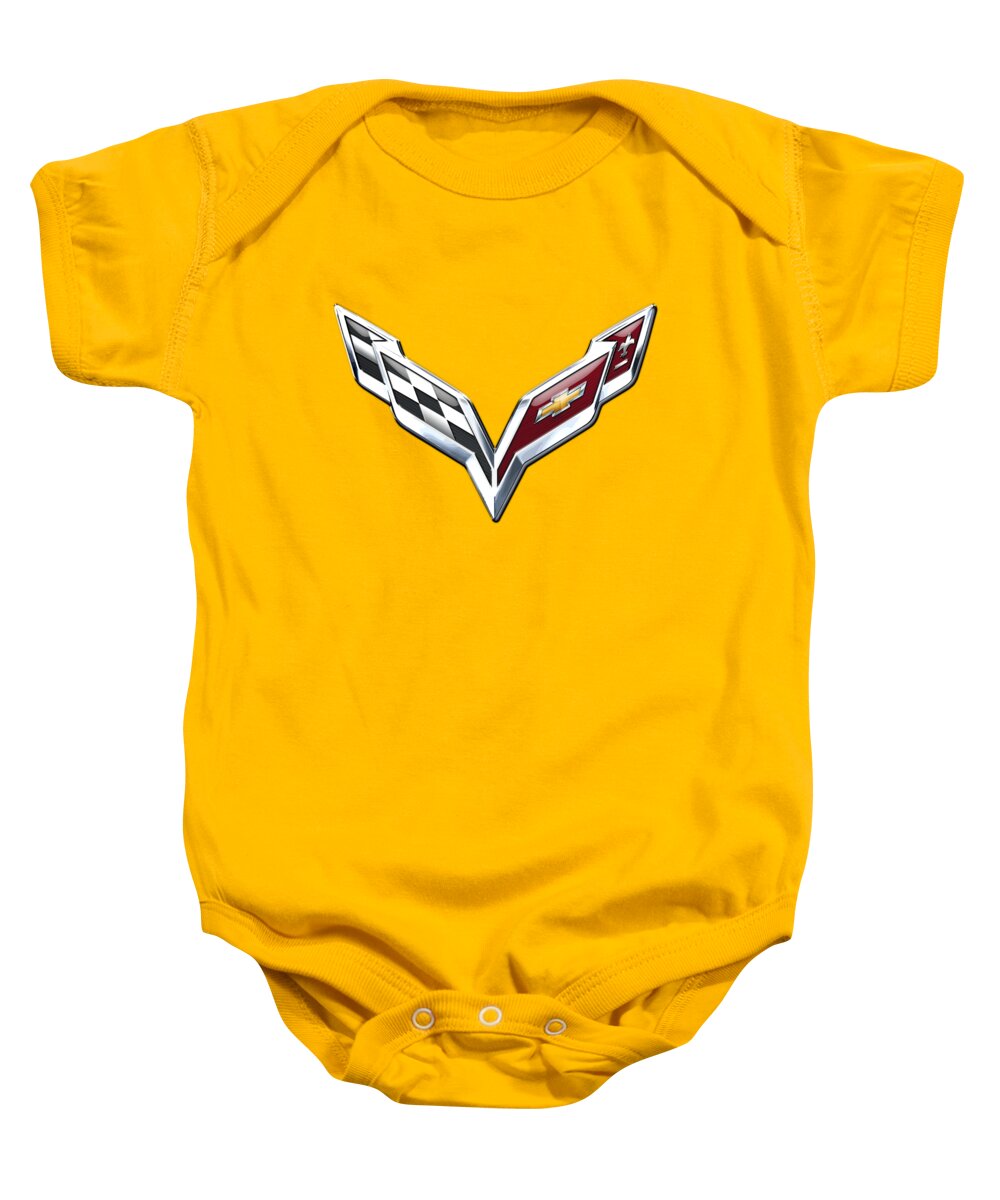 �wheels Of Fortune� Collection By Serge Averbukh Baby Onesie featuring the photograph Chevrolet Corvette 3D Badge on Yellow by Serge Averbukh