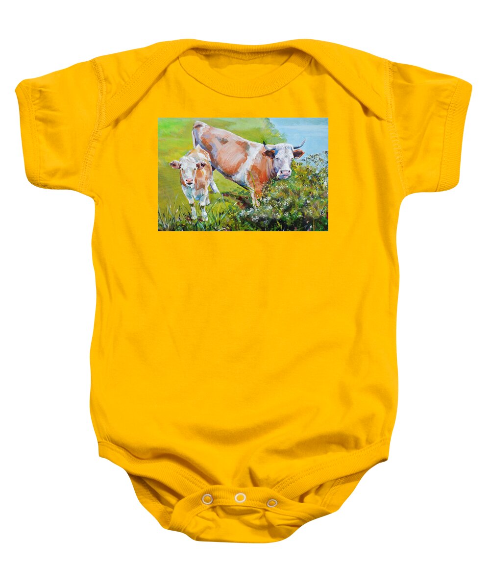 Cow And Calf Baby Onesie featuring the painting Cow and Calf Painting #2 by Mike Jory