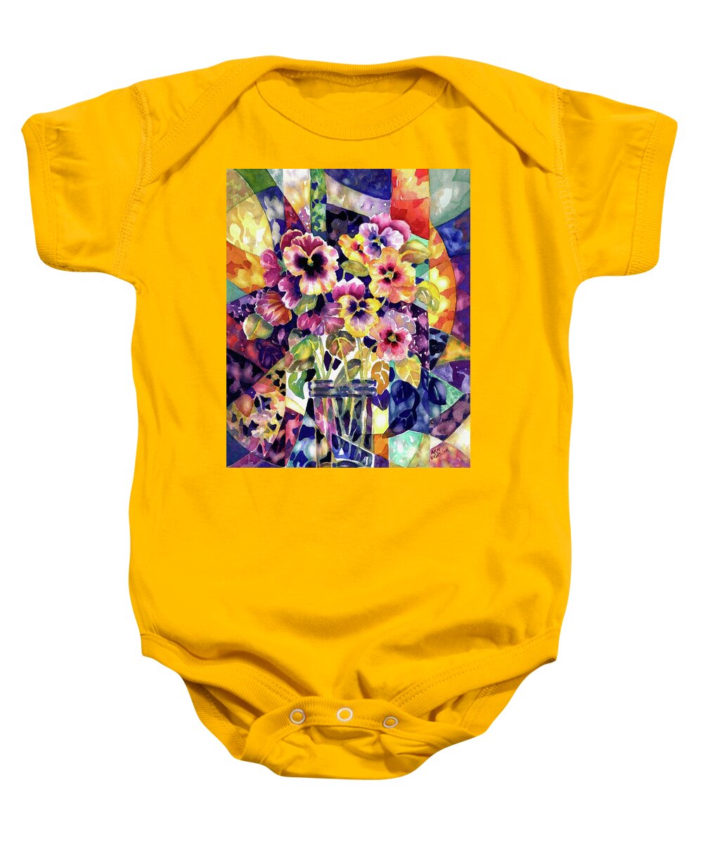 Watercolor Baby Onesie featuring the painting Stained Glass Pansies #1 by Ann Nicholson