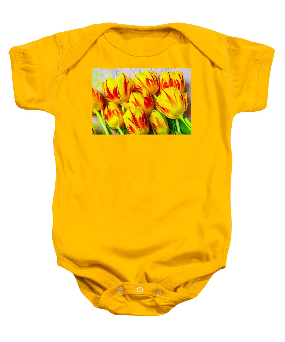 Tulip Baby Onesie featuring the photograph Wonderful Red Yellow Tulips #1 by Garry Gay