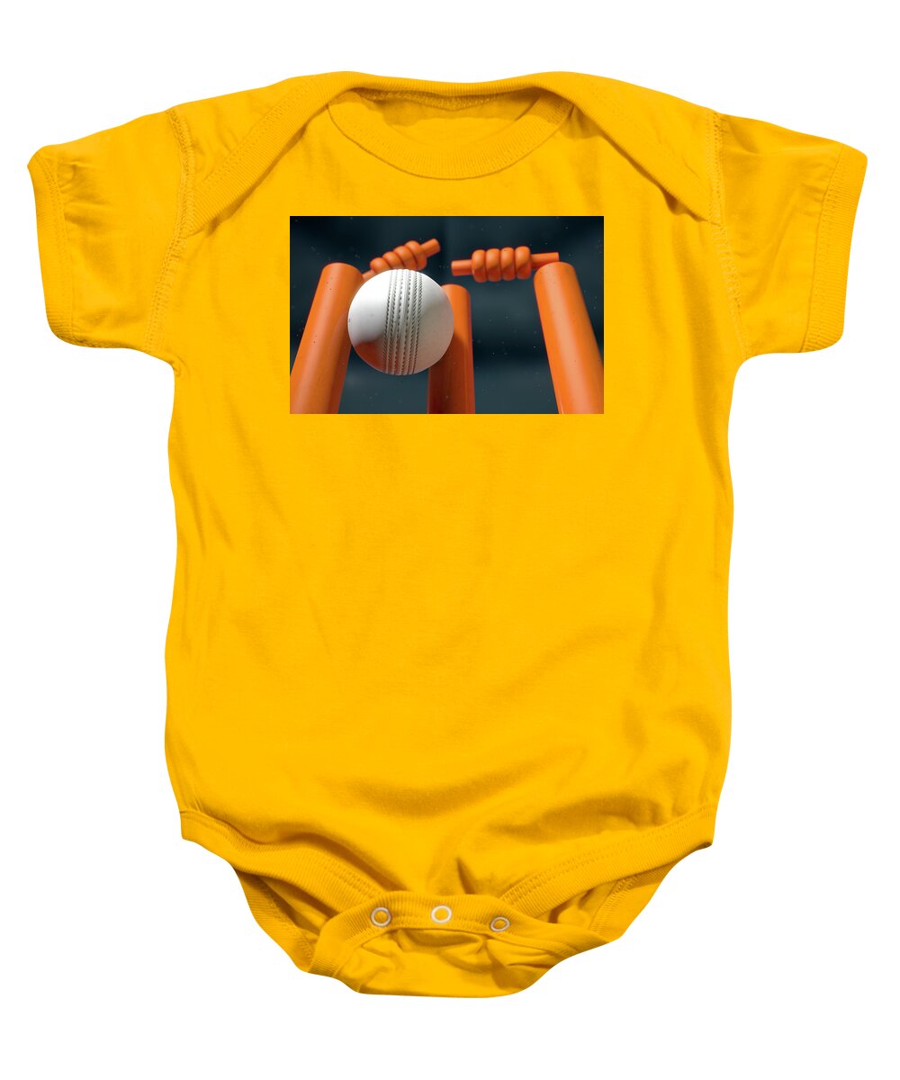 Action Baby Onesie featuring the digital art Cricket Ball Hitting Wickets #13 by Allan Swart