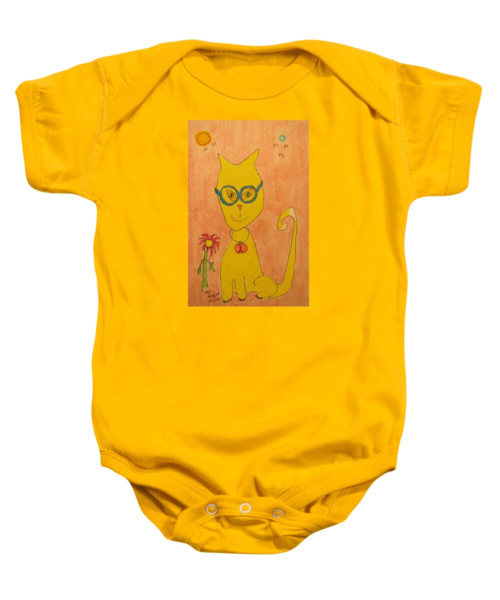 Hagood Baby Onesie featuring the painting Yellow Cat With Glasses by Lew Hagood