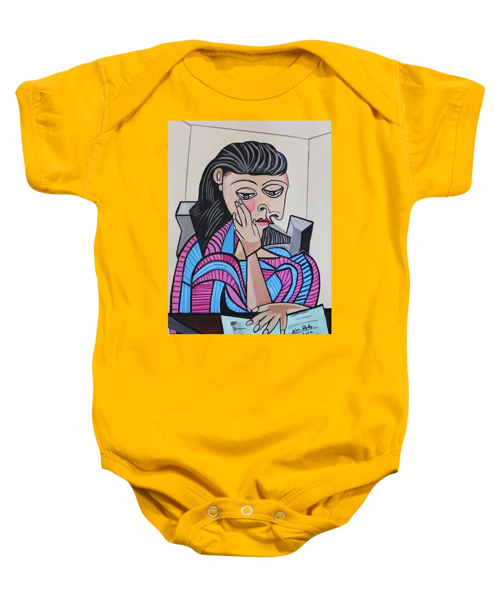 Picasso By Nora Baby Onesie featuring the painting Hanging Out, Picasso By Nora by Nora Shepley