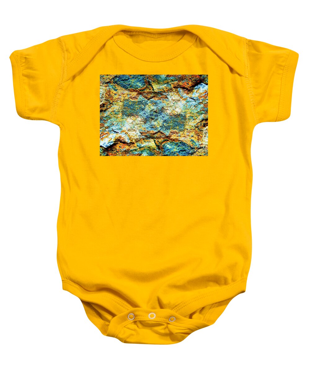 Stone Baby Onesie featuring the photograph Abstract Nature Tropical Beach Rock Blue Yellow and Orange Macro Photo 472 by Ricardos Creations