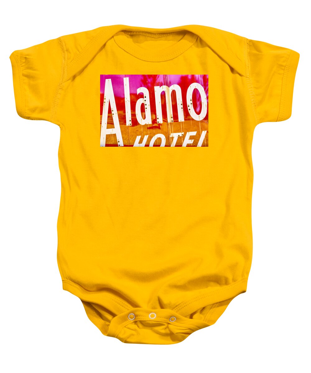 Alamo Baby Onesie featuring the photograph Alamo Hotel Sign Abstract by Stephen Stookey