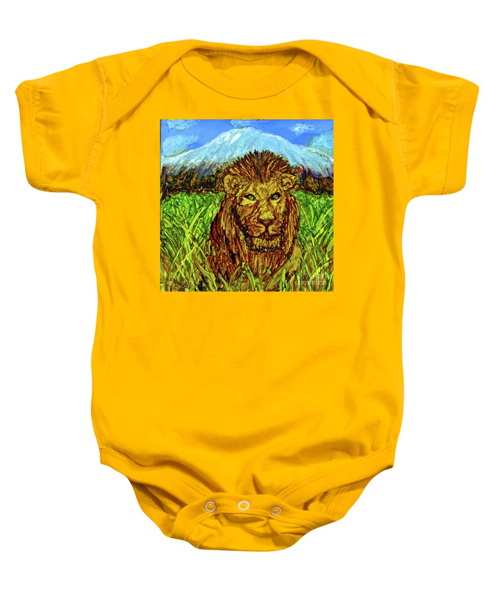 Lion Baby Onesie featuring the painting At the Base of the Mountain by Eunice Warfel