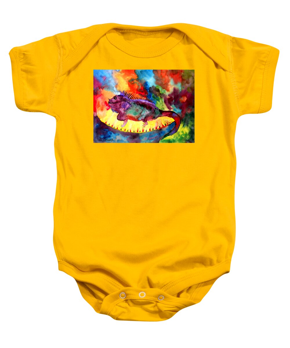 Iguana Baby Onesie featuring the painting Barbecued Iguana - Music Inspiration Series by Carol Crisafi