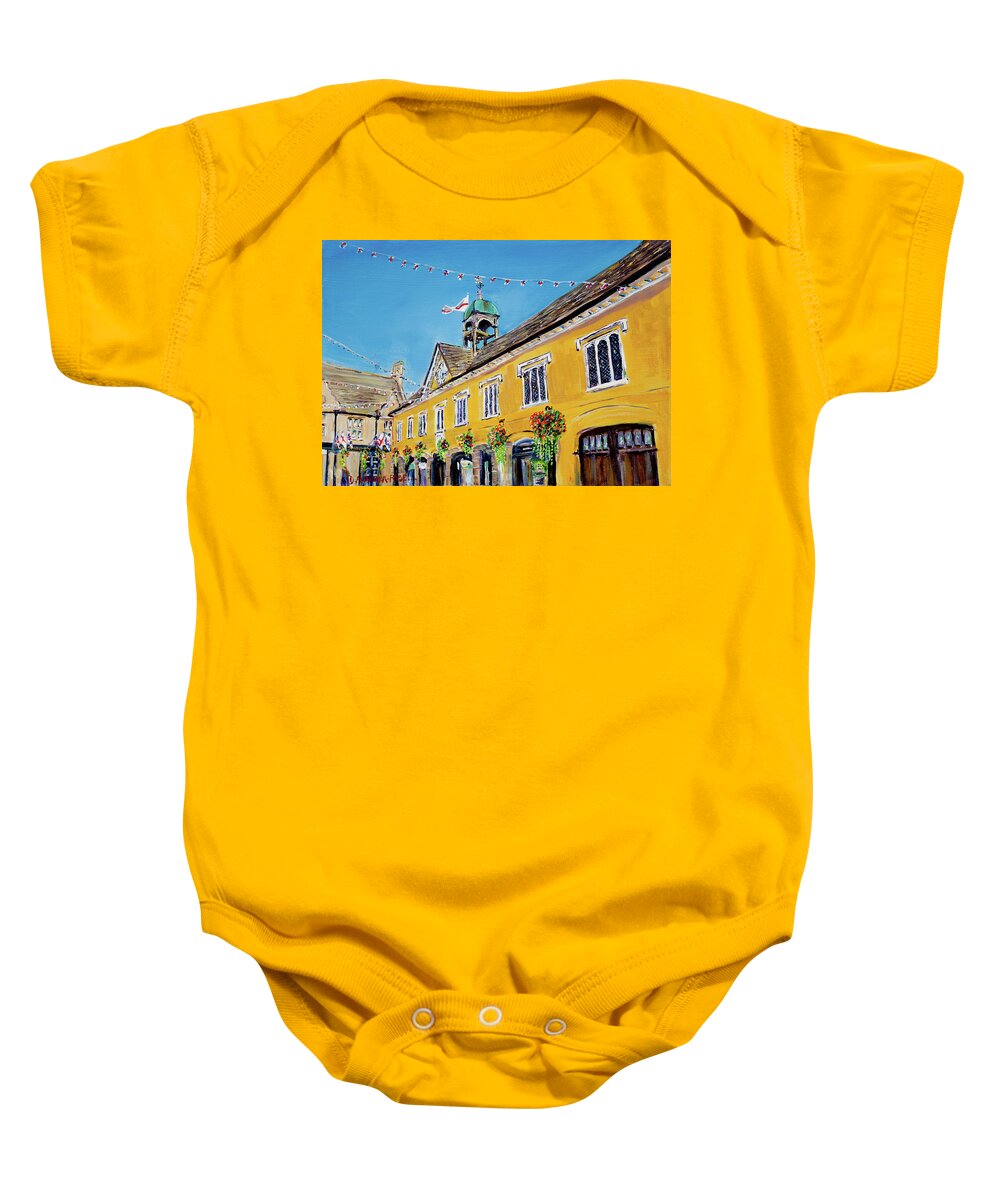 Acrylic Baby Onesie featuring the painting Baskets And Bunting, Tetbury Market Hall by Seeables Visual Arts