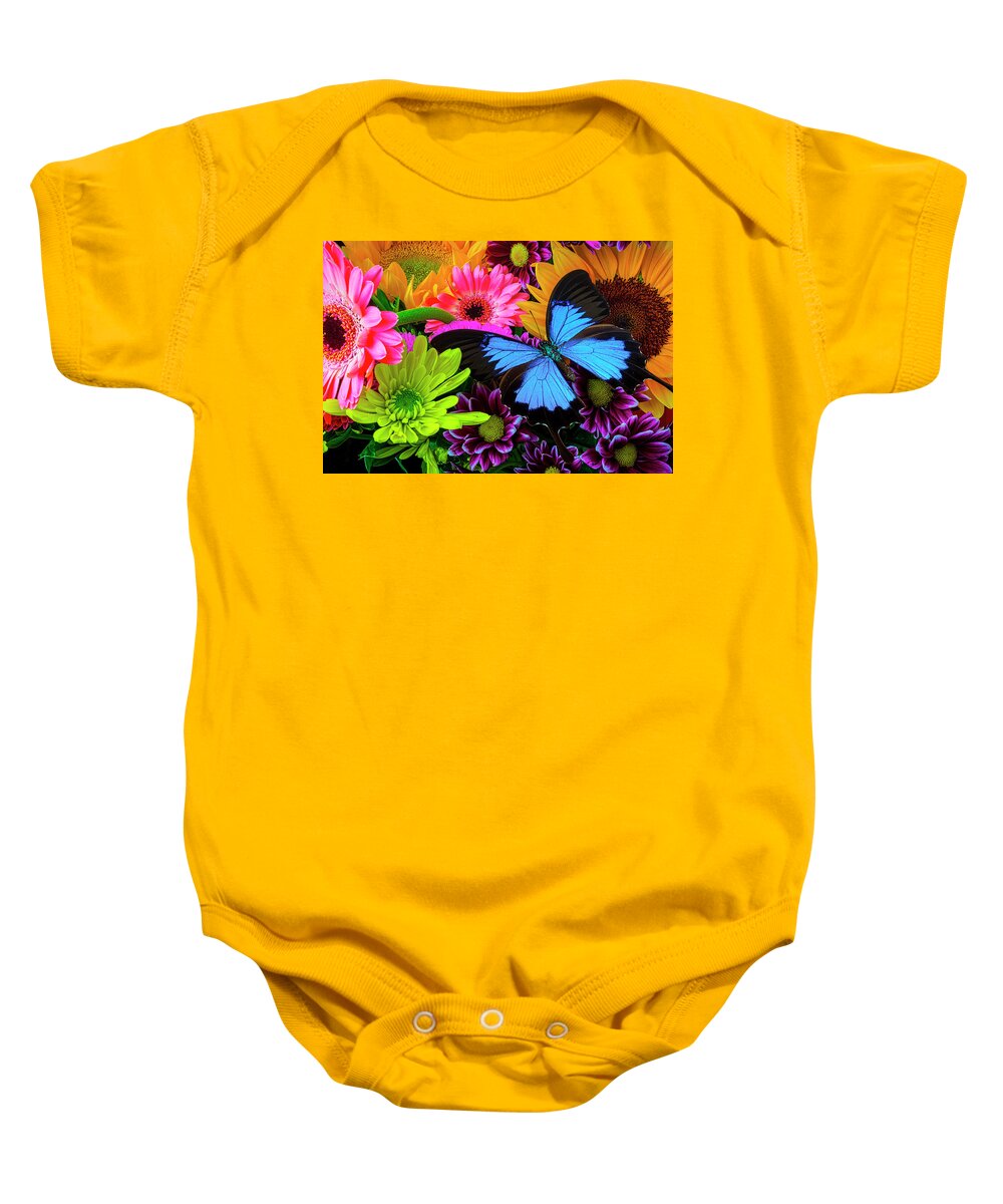 Daisy Baby Onesie featuring the photograph Beautiful Blue Butterfly In Bouquet by Garry Gay